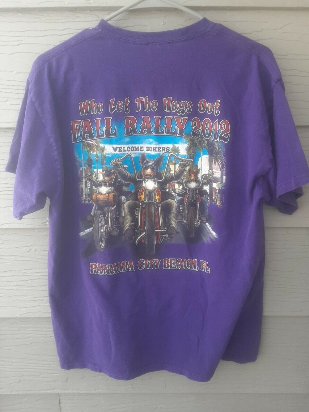 WHO LET THE HOGS OUT ! * BIKER TEE SHIRT * FALL RALLY 2012 GILDAN L LARGE